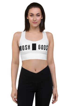 MOSH GODS - LONGLINE SPORTS BRA - WHITE WITH BLACK LOGO