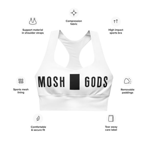 MOSH GODS - LONGLINE SPORTS BRA - WHITE WITH BLACK LOGO - Image 4